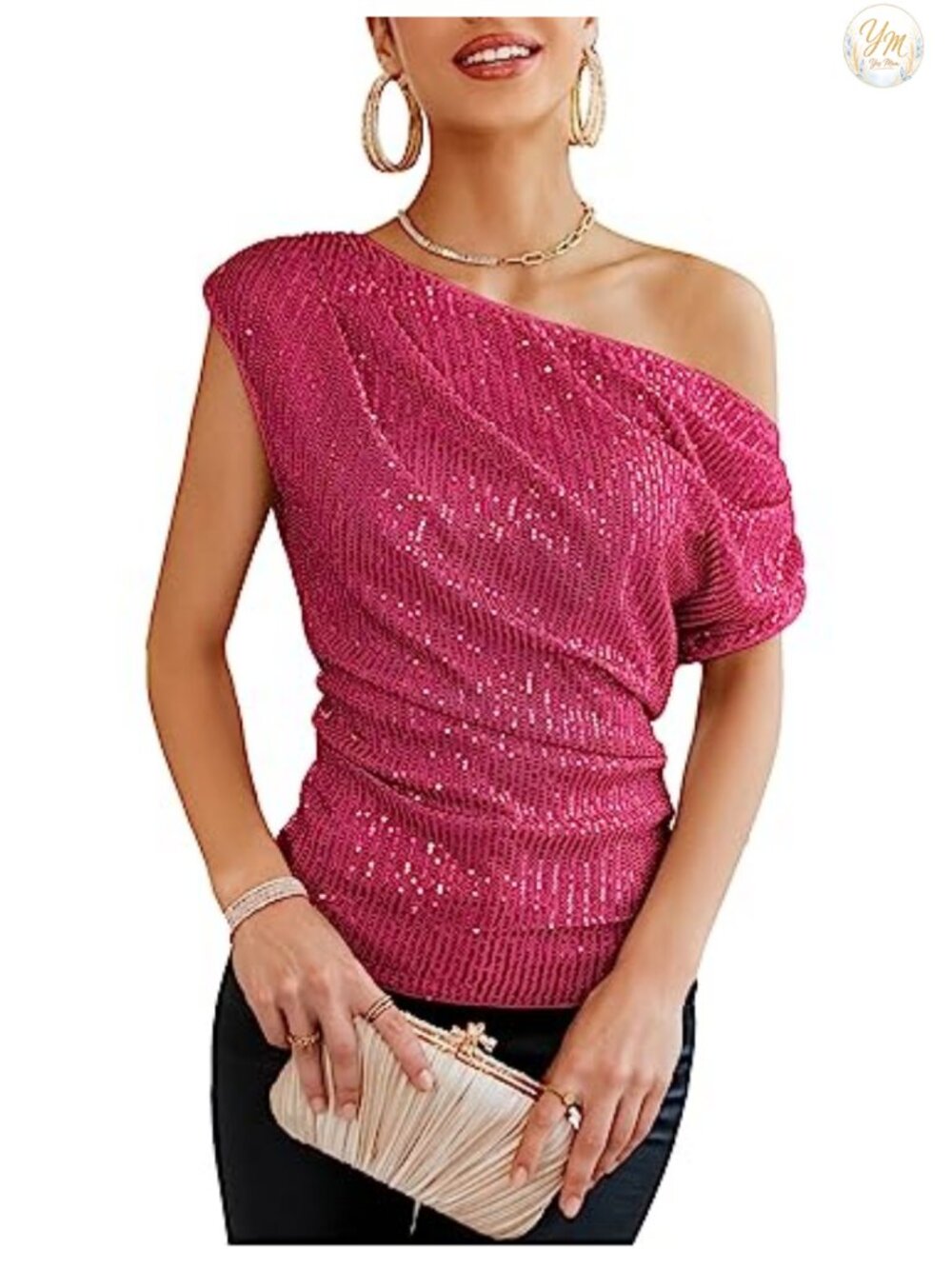 One Shoulder Sequin Sparkly Top Ruched Asymmetrical Glitter Party Shirt